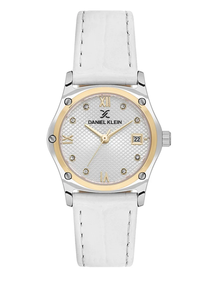 DANIEL KLEIN Women's Leather Silver and Gold Brass Case Analog Silver Round Emboss Dial Japanese Quartz Premium 30 Meters Water Resistant